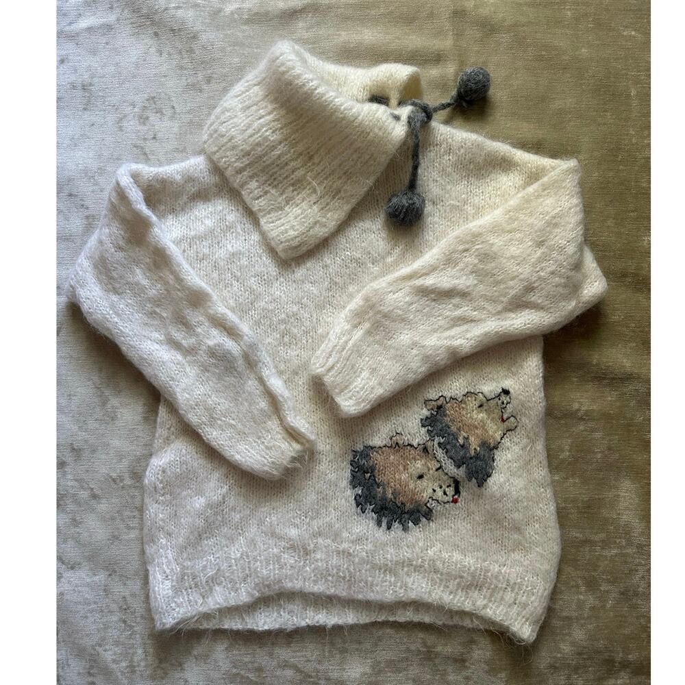 Vintage french Mohair Fuzzy Hand Knit Sweater off white bear rare unique strange - Picture 3 of 13
